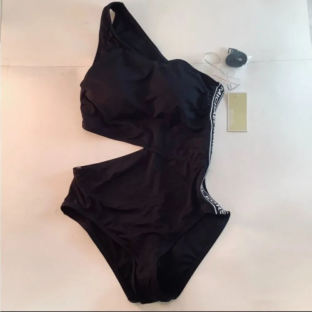 Micheal Kors Black Signature Logo Side Cutout Women's  One-piece swimsui…